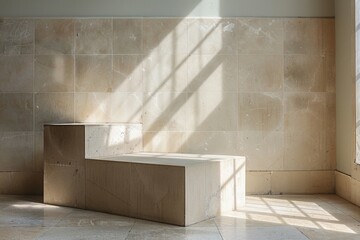 Minimalistic stone bench set against a neutral tiled wall, with soft sunlight streaming in to create a peaceful and calm atmosphere