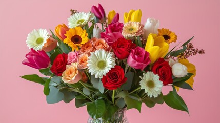 Fototapeta premium A vibrant bouquet of roses, tulips, and daisies in a glass vase against a pink backdrop.