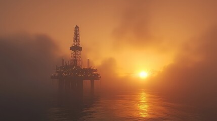 Obraz premium As the sun rises, the drilling rig is silhouetted against the early morning sky, the first rays of light softly spreading across the oil field, marking the start of a new day. 3d illustration