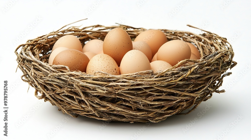 Poster natural chicken eggs in a woven straw basket isolated on a white background : generative ai