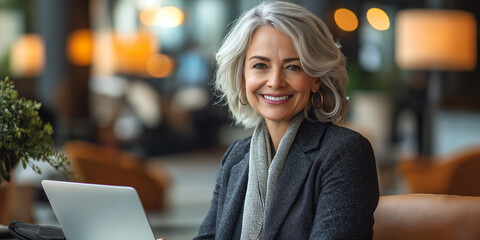 Fototapeta premium Businesswoman using Laptop while standing or browsing social networks nad work.