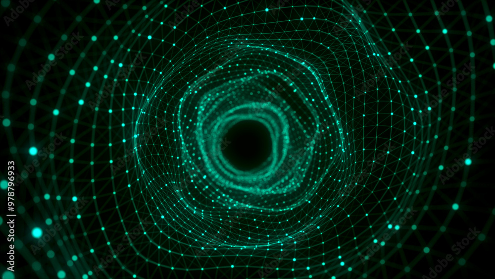Poster Futuristic dynamic wireframe tunnel on green background. Digital data flow. Progressive IT technologies. 3d rendering.