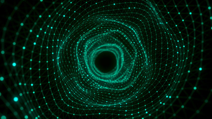 Futuristic dynamic wireframe tunnel on green background. Digital data flow. Progressive IT technologies. 3d rendering.