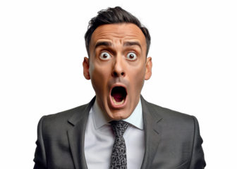 A man in a suit with a tie and a shocked expression on his face