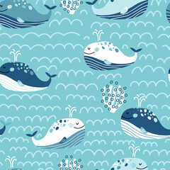Obraz premium Childish seamless pattern with whales. Marine cartoon fish background for fabric, textile, digital papers. Vector illustration