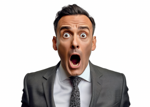 A man in a suit with a tie and a shocked expression on his face