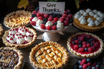 Delightful thanksgiving pies and desserts display with berries and whipped cream