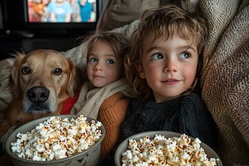 Cozy movie night with kids and dog snuggled under blankets, enjoying popcorn