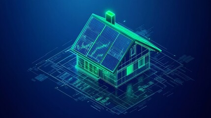 Modern Smart Home with Green Solar Panels and Energy Data Visualization on Dark Blue Background