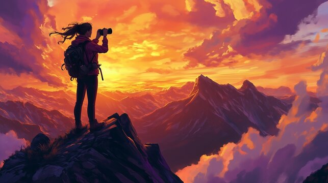 A woman triumphantly stands on a mountain, basking in a breathtaking sunset and nature's beauty.