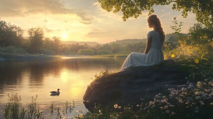A woman in a white dress sits by a tranquil lake, surrounded by greenery and vibrant wildflowers.
