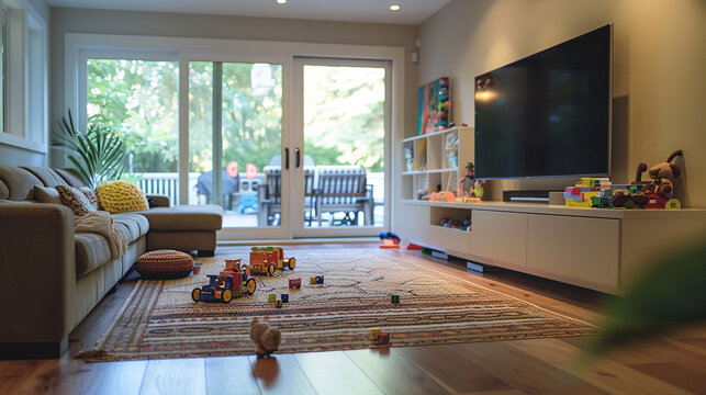 A family living room with a large TV mounted on the wall, comfortable couches, and toys scattered on the floor, capturing a lived-in feel.