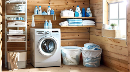 A laundry room with a washing machine and dryer, laundry baskets on the floor, and shelves holding neatly folded towels and supplies.