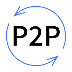 The image features the text P2P surrounded by two blue arrows forming a circle, symbolizing continuous exchange. Ideal for networking, technology, online transactions, peer-to-peer networks, communi