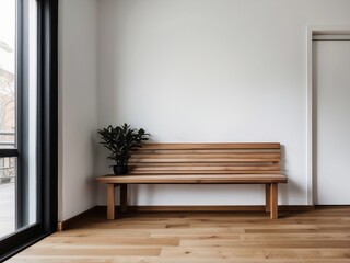 Wooden bench in a minimalist hallway with a plant and a black window