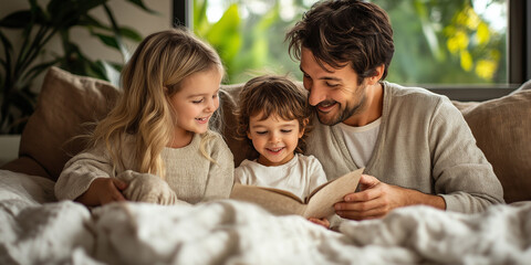 family daughter are reading the in the room reading a book to his