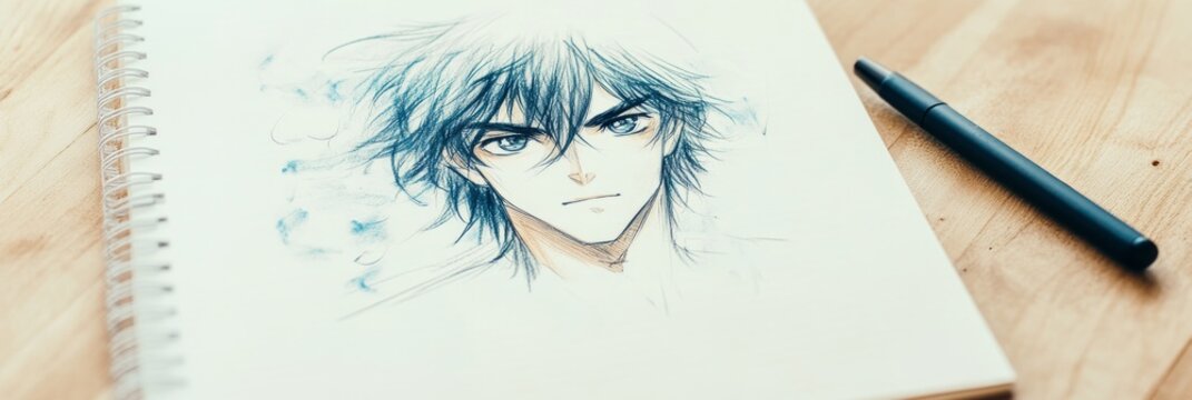 A hand-drawn anime character with intense eyes and spiky hair is sketched in a spiral-bound notebook.