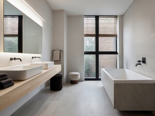 Modern Bathroom with Double Sink, Bathtub, and Large Window