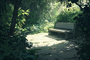 A Serene Meditation Garden With Soft Sunlight, Tranquil Paths, And A Peaceful Stone Bench Surrounded By Lush Greenery. Cozy, Generative AI