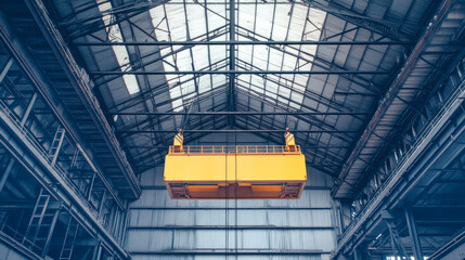 A yellow lifting block hangs from the overhead crane in a minimalistic hangar, showcasing its modern design against the industrial backdrop