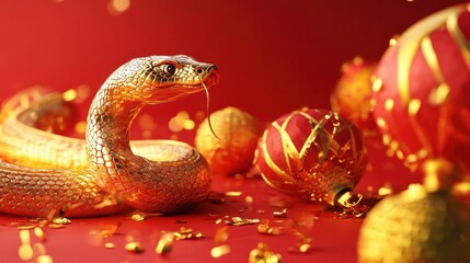 Fototapeta premium Golden snake with festive ornaments on red background, symbolizing prosperity and luck during celebrations A vibrant, eye catching scene filled with rich colors and textures