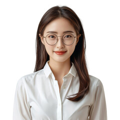 A woman wearing glasses and a white shirt