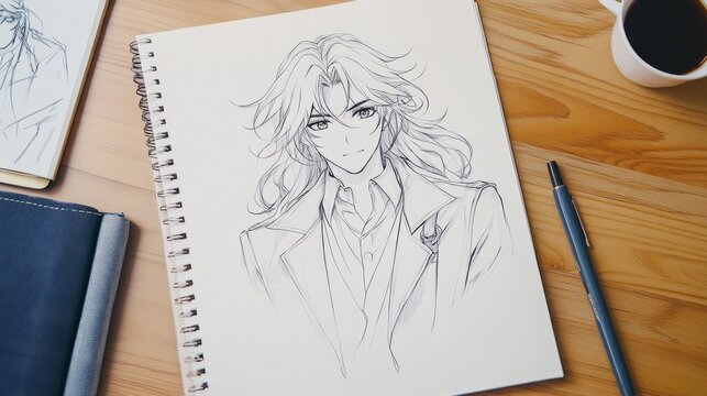 A hand-drawn anime character with long flowing hair and a confident expression is sketched in a spiral-bound notebook. - Powered by Adobe