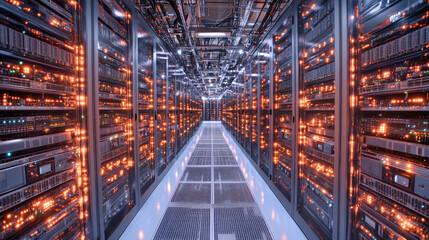 Obraz premium Explore a dynamic data center buzzing with life, where rows of illuminated servers showcase cutting-edge technology in a sleek, high-tech setting