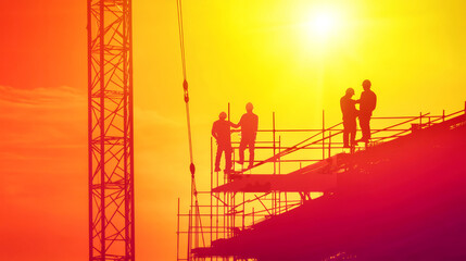 Workers in silhouette engage in dynamic activities atop high steel structures, framed by a stunning red and yellow sky at sunset, highlighting their movements