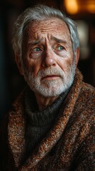 Worried senior man looking away in warm clothing indoors