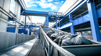 The recycling plant features a covered conveyor moving black garbage bags, highlighting efficient waste management in a modern facility