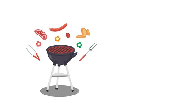 Cartoon animation illustration of barbeque grill, slow motion effect, barbeque party, celebration.