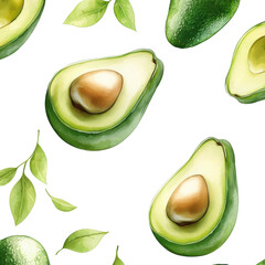 Watercolor seamless pattern of avocados, isolated on a white background. png