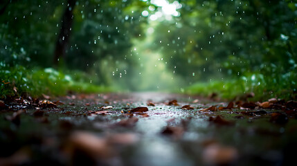 close-up of water droplets clinging to leaves along a forest path, with the soft patter of rain