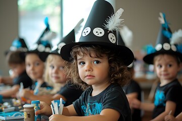 Children in witch hats crafting at a festive halloween party gathering
