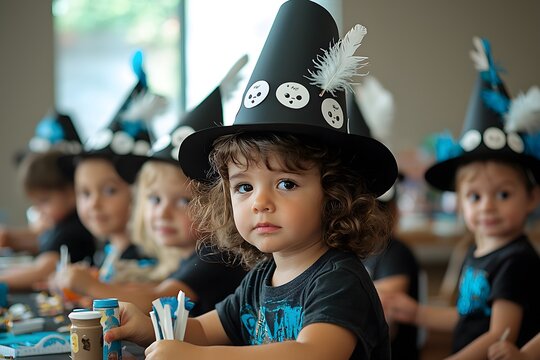 Children in witch hats crafting at a festive halloween party gathering