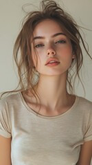 Fototapeta premium Elegant woman posing in casual attire with natural expression