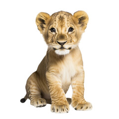 Obraz premium Closeup portrait of a cute and curious young lion cub sitting and looking directly at the against a plain white background