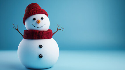 Fototapeta premium A cheerful snowman with button eyes and red hat stands against blue background, evoking winter joy
