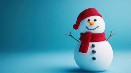 A cheerful snowman with button eyes and red scarf stands against blue background