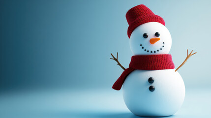 Fototapeta premium A cheerful snowman with button eyes and red scarf brings winter joy