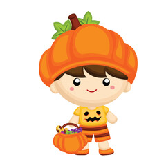 Cute Halloween Kids Costume Pumpkin Cartoon Illustration Vector Clipart Sticker Decoration Background