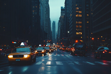 Naklejka premium A bustling city street at dusk, featuring yellow taxis and tall buildings under a moody sky.
