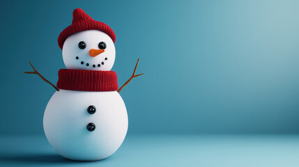 Fototapeta premium A cheerful snowman with button eyes and cozy red scarf stands against blue background