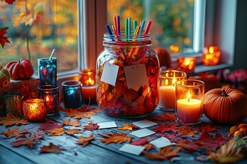 Fototapeta premium Cozy autumn scene with candles, pumpkins, and a jar of leaves by the window