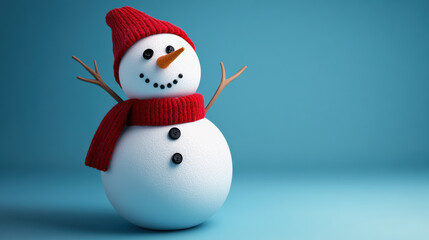 Fototapeta premium A cheerful snowman with button eyes and red scarf brings winter joy