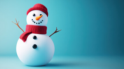 Fototapeta premium A cheerful snowman with button eyes and red scarf brings winter joy