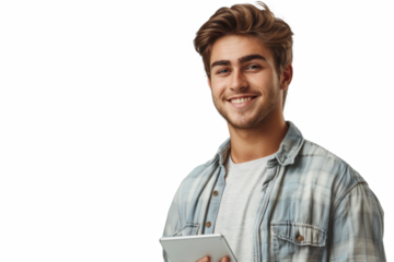 A young man with a smile on his face is holding a laptop