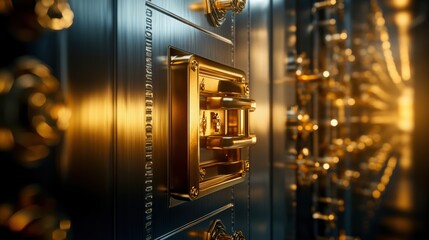 Obraz premium A close-up view of a secure vault door with golden locks, showcasing intricate design and luxurious detail.