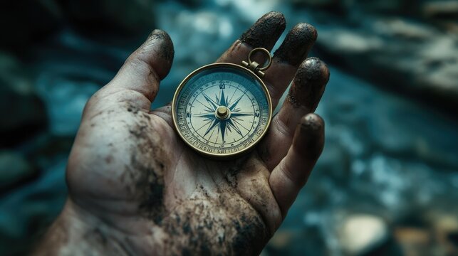 A dirty hand holds a vintage compass tightly, representing the spirit of adventure and exploration, set against a dramatic